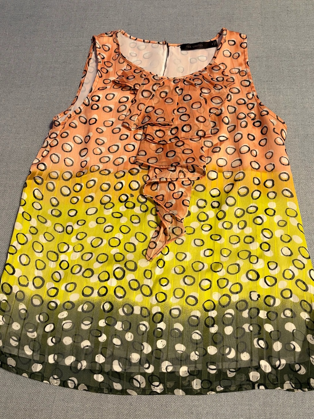 The Limited Peach, Yellow & Olive Ruffle Front Sleeveless Blouse